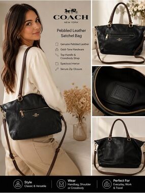 Coach Black Pebbled Leather Satchel with Brown Handles & Gold-Tone Hardware